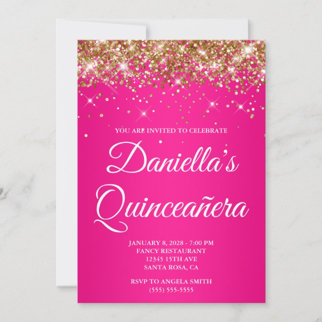 Invitation Parties scintillant or rose chaud Ombre Quinceañer (Devant)