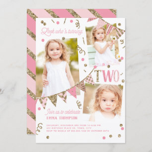 Invitation Parties scintillant or rose Deuxième anniversaire