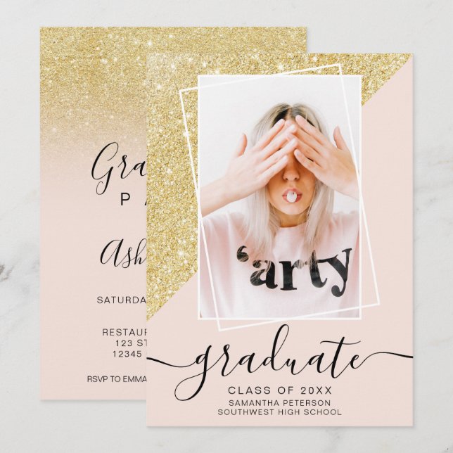 Invitation Parties scintillant or rose diplômé de la photo di (Devant / Derrière)