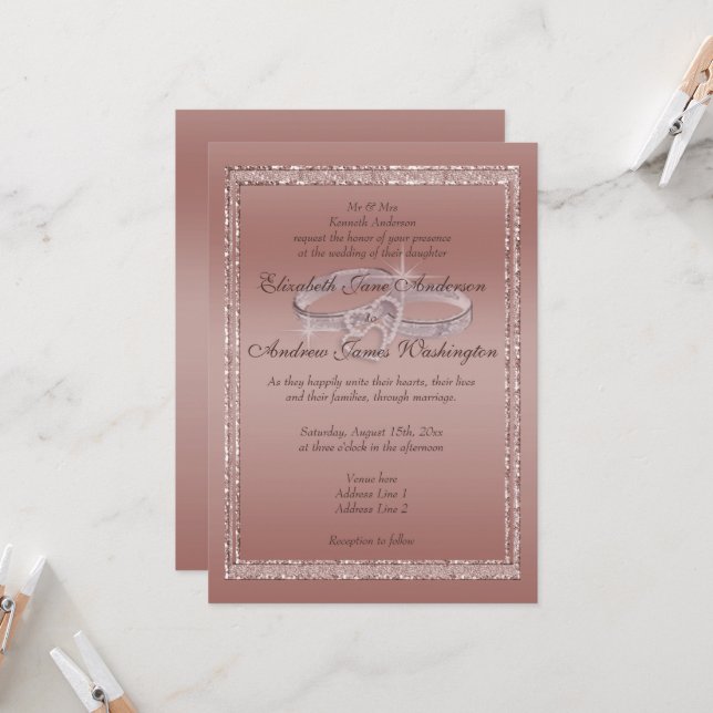 Invitation Parties scintillant or rose et anneaux Mariage arg (Devant/Arrière en situation)