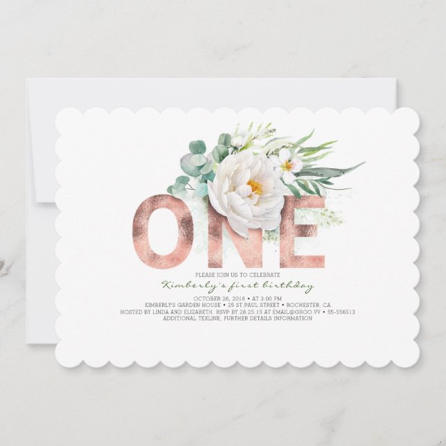 Invitation Parties scintillant or rose et fleurs blanches 1er (Devant)