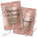 Invitation Parties scintillant or rose et monogramme fantaisi<br><div class="desc">Créez votre propre monographie chic et élégante invitation à fêter un anniversaire pour elle. Les graphiques décoratifs en parties scintillant or rose brillant forment une bordure supérieure et inférieure. L'art numérique arrière - plan présente une feuille en métal brossé rose rose rose brillant et sombre. Customisez les couleurs ou les...</div>