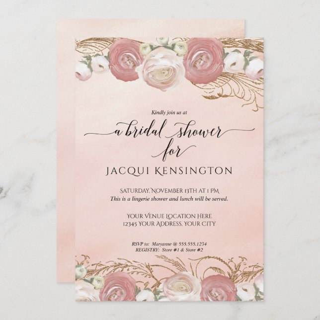 Invitation Parties scintillant or rose Fête des mariées flora (Devant / Derrière)