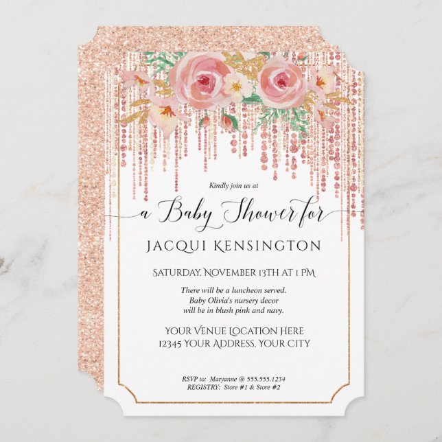 Invitation Parties scintillant or rose Fringe rose rose flora (Devant / Derrière)