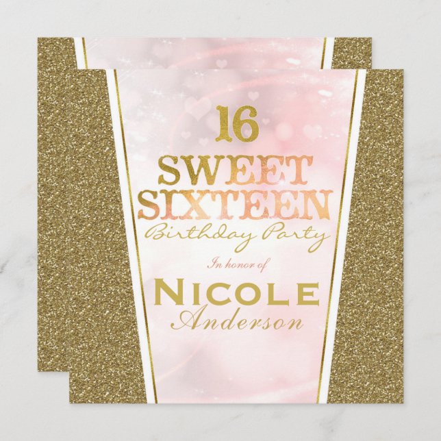 Invitation Parties scintillant or rose glam Sweet 16 Annivers (Devant / Derrière)