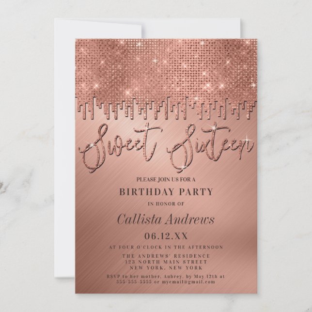 Invitation Parties scintillant or Rose glamour Pixels Sweet 1 (Devant)