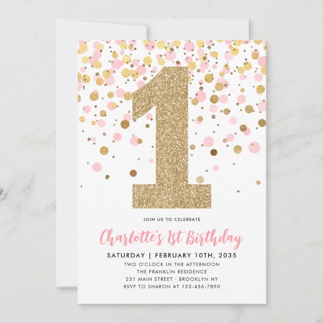Invitation Parties scintillant or rose mignonne Confetti fill (Devant)