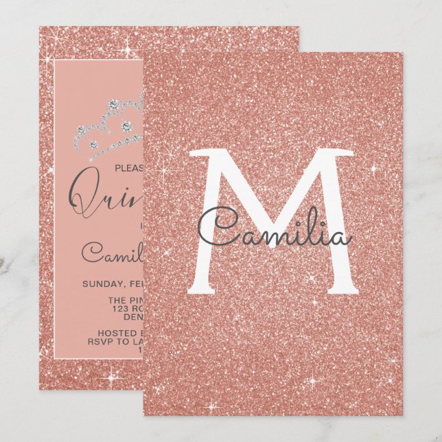 Invitation Parties scintillant or rose Monogram Sparkle Quinc (Devant / Derrière)