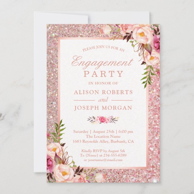 Invitation Parties scintillant or rose Pink Floral Engagement (Devant)