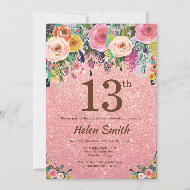 Invitation Parties scintillant or rose rose Floral 13e annive (Devant)