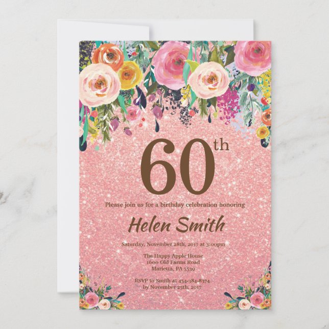 Invitation Parties scintillant or rose rose Floral 60e annive (Devant)