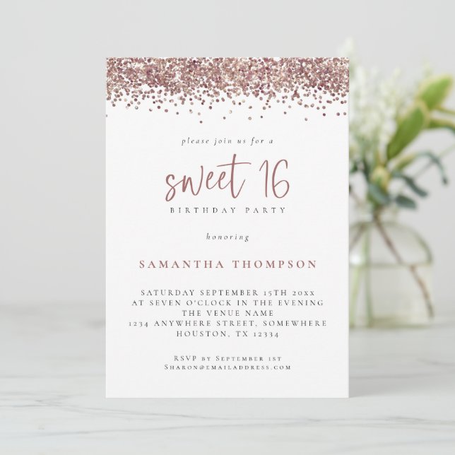 Invitation Parties scintillant or Rose tendance Sweet 16 fête (Debout devant)