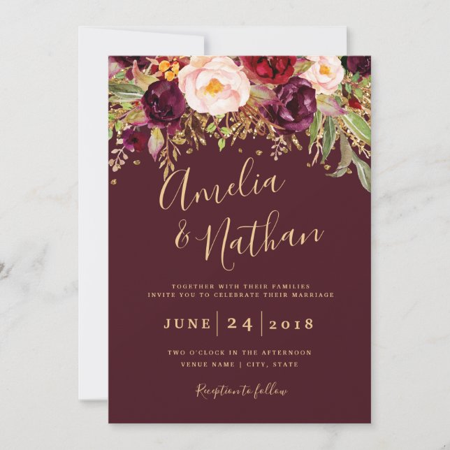 Invitation Parties scintillant or rouge Bourgogne Mariage flo (Devant)