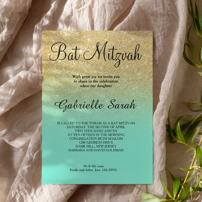 Invitation Parties scintillant or turquoise ombre Bat mitzvah (Créateur téléchargé)