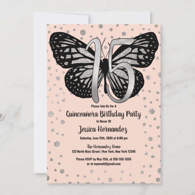 Invitation Parties scintillant papillon rose argent Confetti  (Devant)