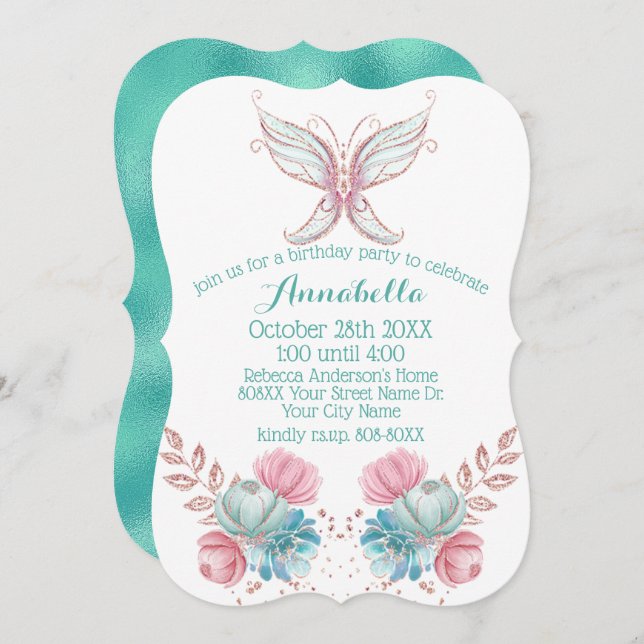Invitation Parties scintillant Papillon Turquoise & Fleurs ro (Devant / Derrière)