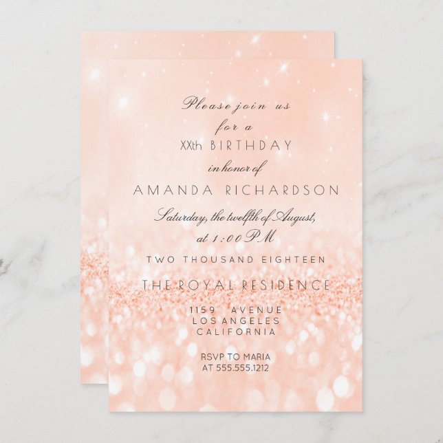 Invitation Parties scintillant Pastel Coral Peach Girdal Birt (Devant / Derrière)
