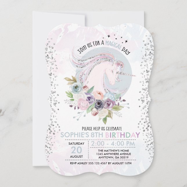 Invitation Parties scintillant Pastel Floral Unicorn Annivers (Devant)