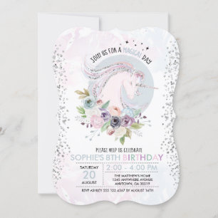 Invitation Parties scintillant Pastel Floral Unicorn Annivers