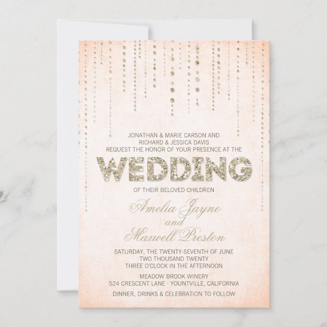 Invitation Parties scintillant Peach & Gold Look Mariage (Devant)