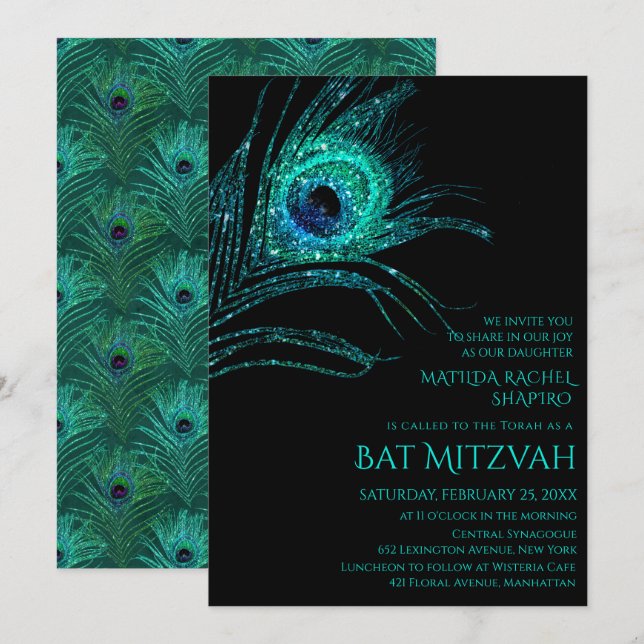 Invitation Parties scintillant Peacock Plume Turquoise Bat mi (Devant / Derrière)