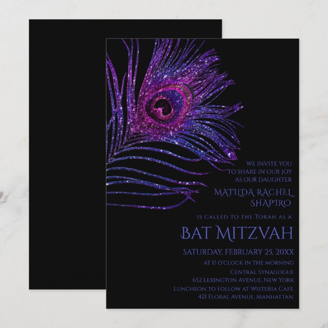 Invitation Parties scintillant Peacock Plume violet Bat mitzv (Devant / Derrière)