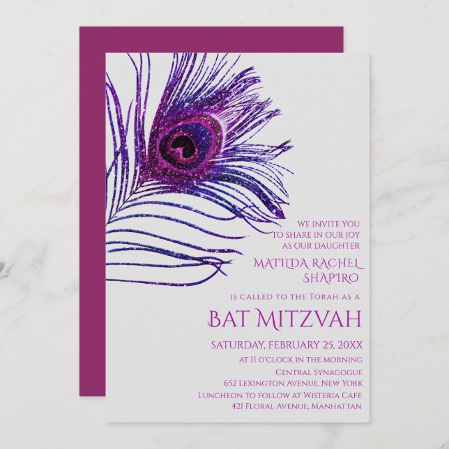 Invitation Parties scintillant Peacock Plume violet Bat mitzv (Devant / Derrière)