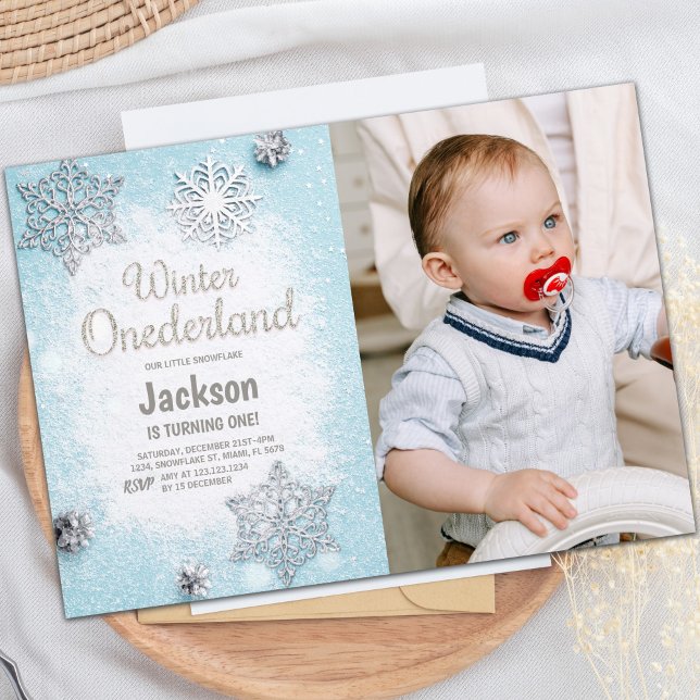 Invitation Parties scintillant photo bleue Hiver ONEderland I (Blue Photo Glitter Winter ONEderland Invitations)