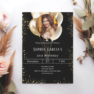 Invitation Parties scintillant photo en or noir ballons anniv