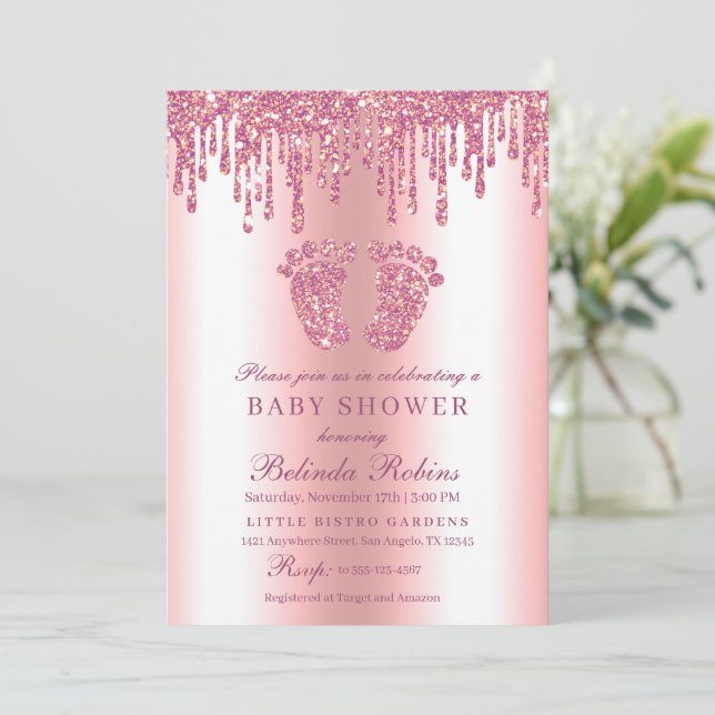 Invitation Parties scintillant  Pink bébé pieds Baby shower (Debout devant)