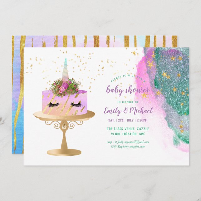 Invitation Parties scintillant Pink or Unicorn BABY SHOWER de (Devant / Derrière)