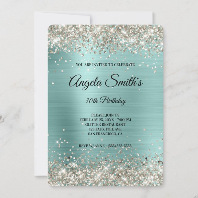 Invitation Parties scintillant Platine Turquoise Foil Fancy M (Devant)