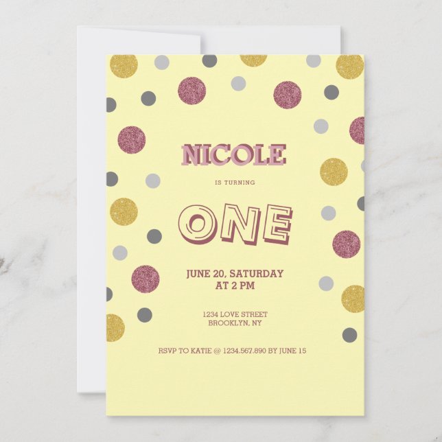 Invitation Parties scintillant Pois 1er anniversaire (Devant)
