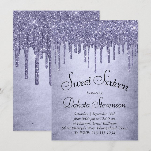 Invitation Parties scintillant pourpre de séchage | Sweet six (Devant / Derrière)
