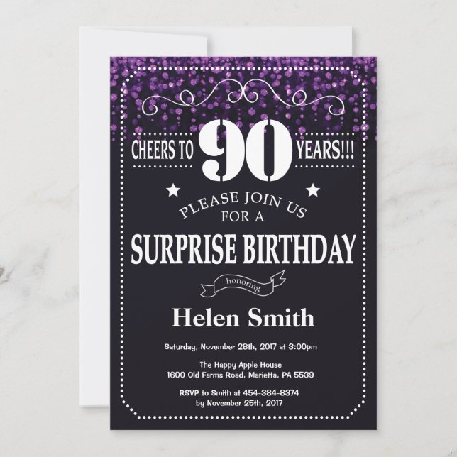 Invitation Parties scintillant pourpre Surprise 90e anniversa (Devant)