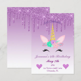 Invitation Parties scintillant pourpre/Unicorne florale Anniv