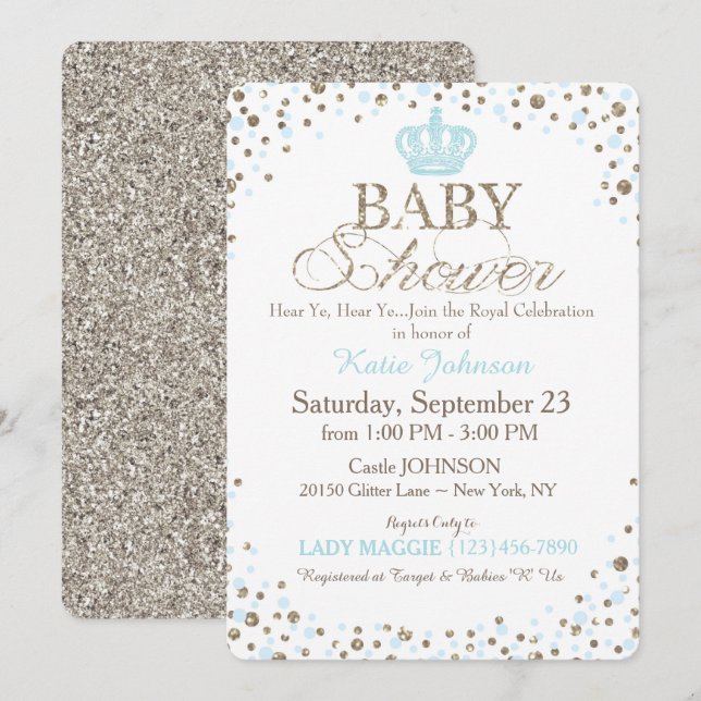 Invitation Parties scintillant Prince Argent Baby shower d'ar (Devant / Derrière)