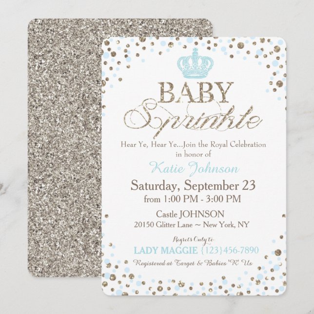 Invitation Parties scintillant Prince Argent Baby shower d'ar (Devant / Derrière)