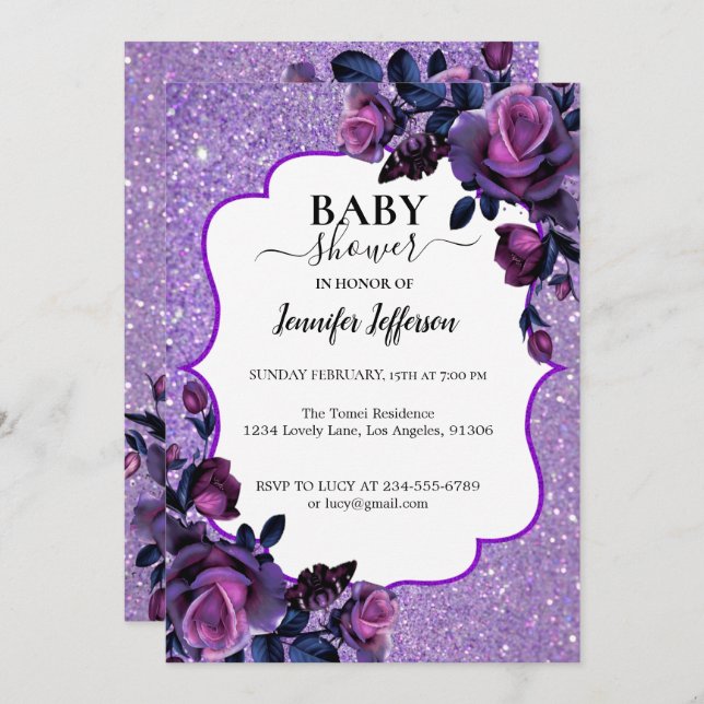 Invitation Parties scintillant Purple Floral Baby shower Invi (Devant / Derrière)