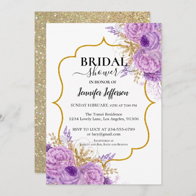 Invitation Parties scintillant Purple Floral Bridal Showweuse (Devant / Derrière)