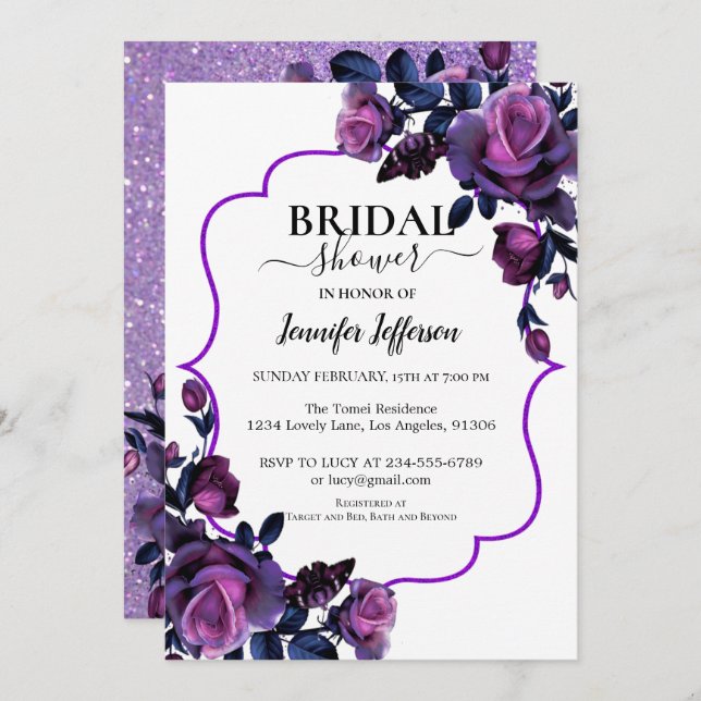 Invitation Parties scintillant Purple Floral Bridal Showweuse (Devant / Derrière)