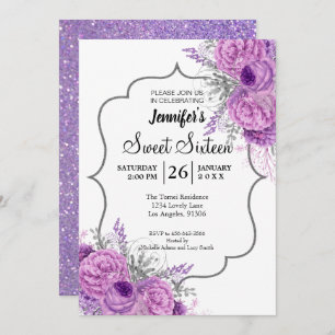 Invitation Parties scintillant Purple Floral Sweet 16 Anniver