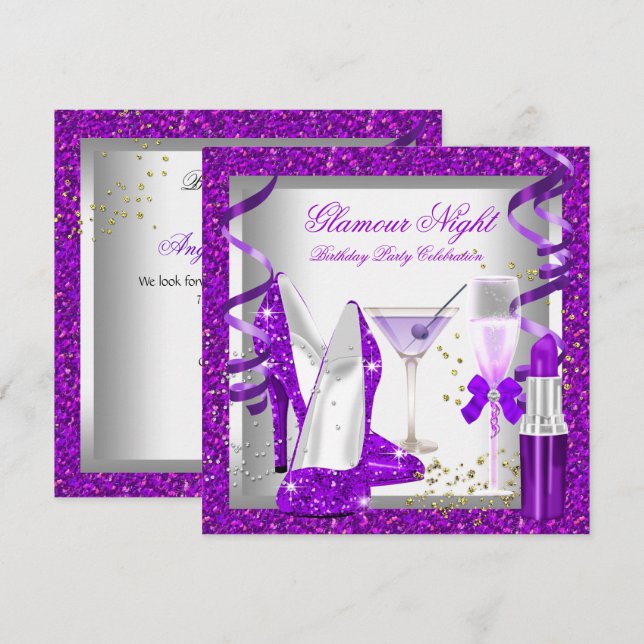 Invitation Parties scintillant Purple Glamor Boissons de nuit (Devant / Derrière)