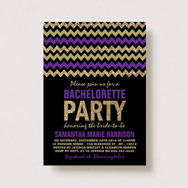 Invitation Parties scintillant Purple & Or Chevron Bacheloret (Créateur téléchargé)