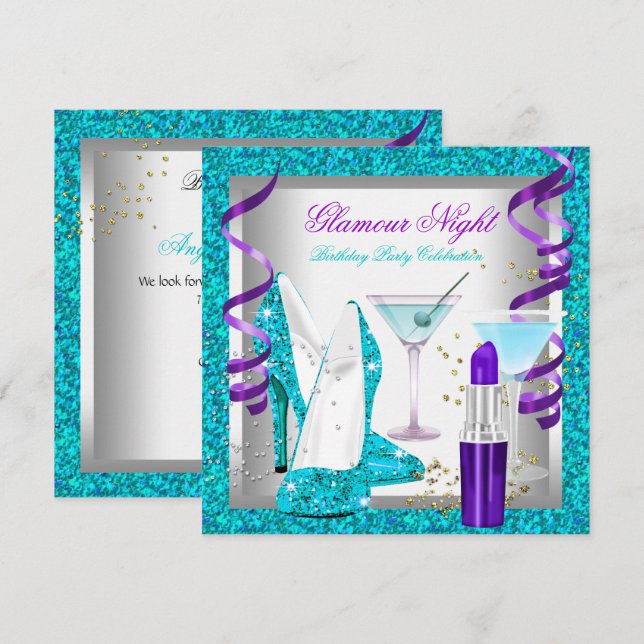 Invitation Parties scintillant Purple Turquoise Glamor Night  (Devant / Derrière)