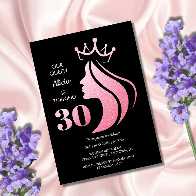 Invitation Parties scintillant Queen Crown rose Noir 30e anni (Créateur téléchargé)
