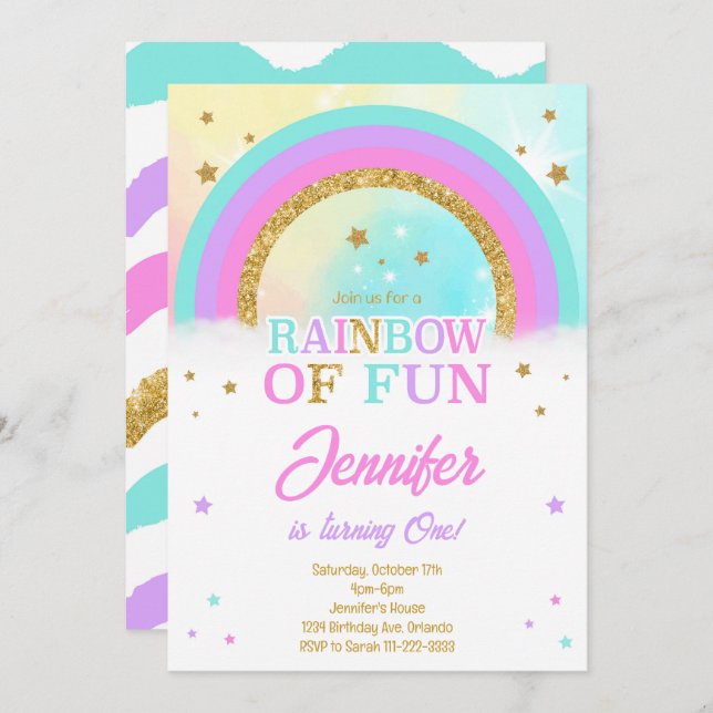 Invitation Parties scintillant Rainbow Stars Anniversaire Inv (Devant / Derrière)