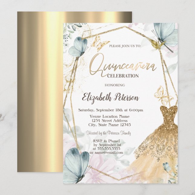 Invitation Parties scintillant Robe Bleu Papillons Gold Frame (Devant / Derrière)