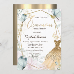 Invitation Parties scintillant Robe Bleu Papillons Gold Frame