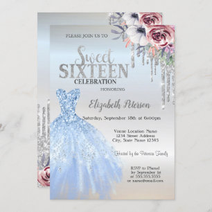 Invitation Parties scintillant, Robe Bleue Fleurs Silver Swee